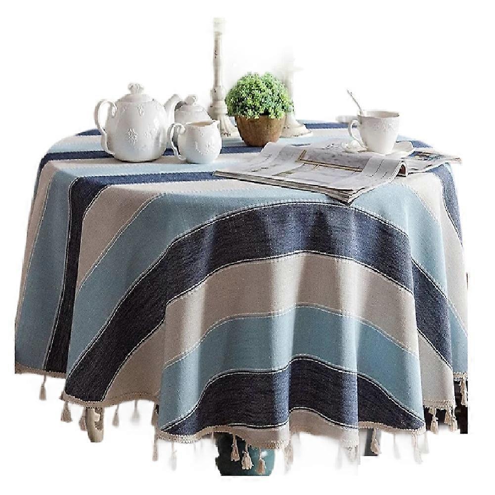 Round Rustic Tablecloth Farmhouse Striped Cotton Linen Tablecloth with Tassel Heavy Duty Table Cover for Tabletop