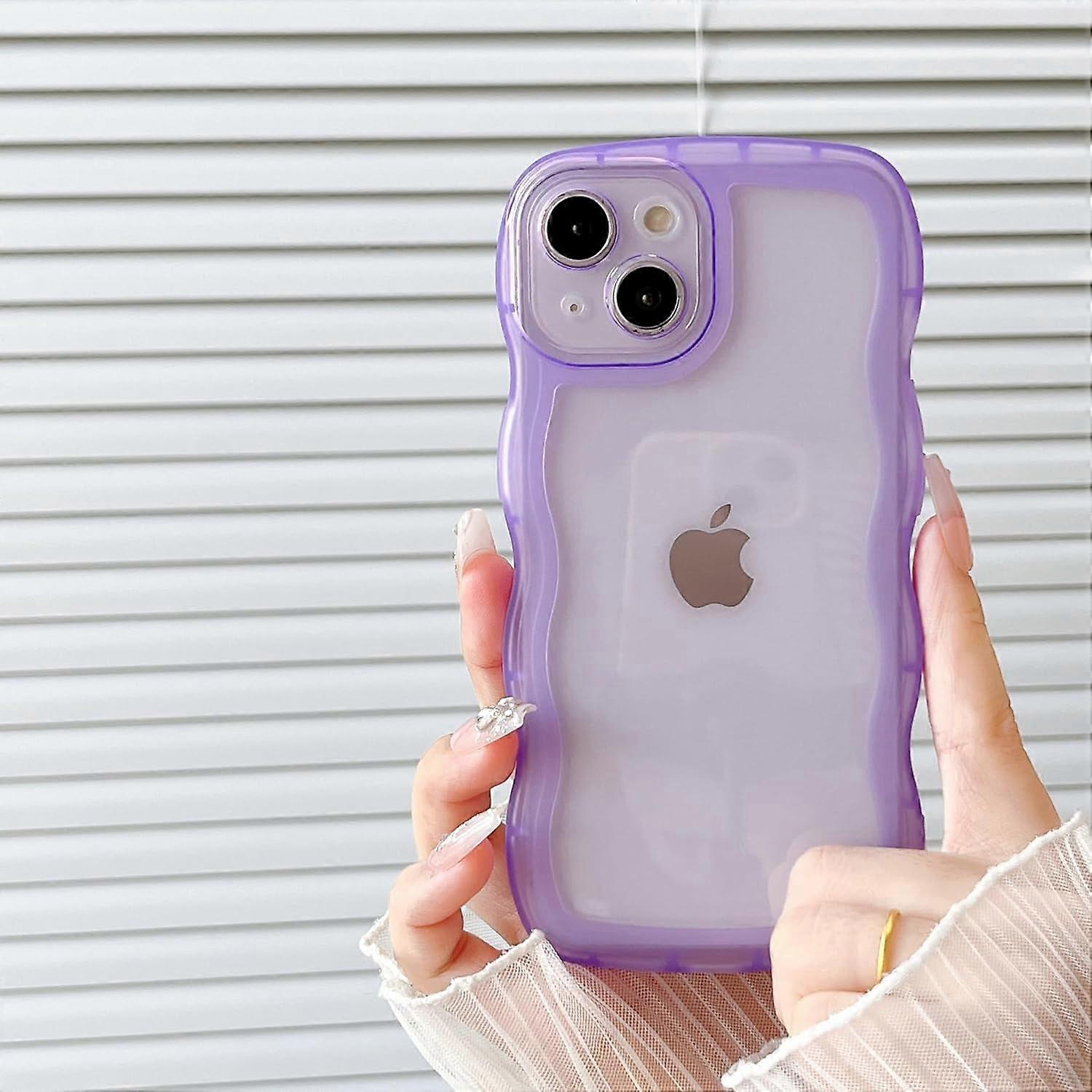 Compatible with iPhone 15 Plus Case, Transparent Purple Curly Wave Frame Soft Silicone Shockproof TPU Protective Case