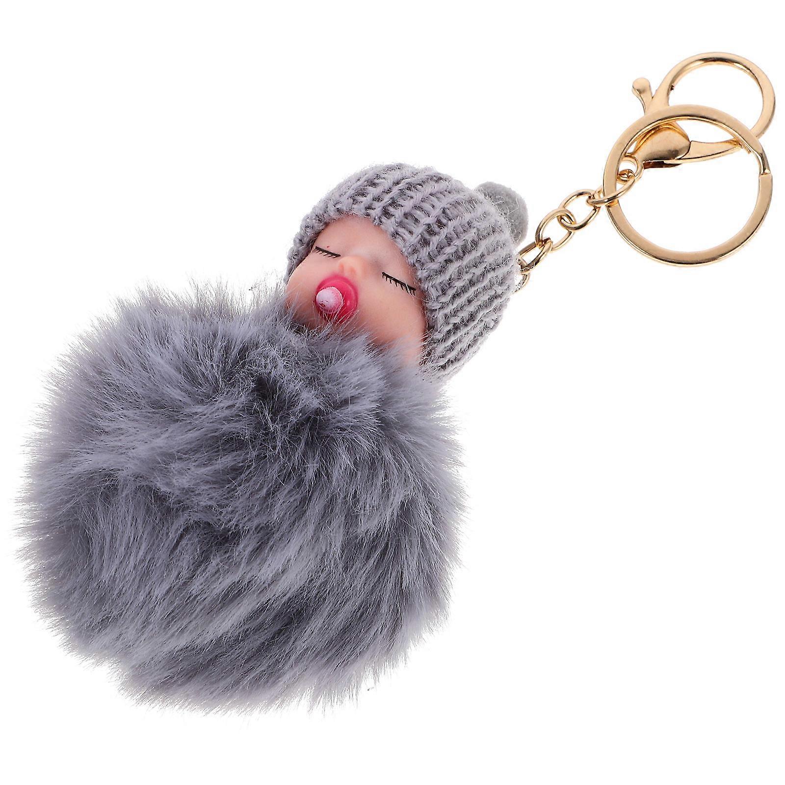 Sleeping Doll Keychain Pom Pom Pendant for Hanging Keys 5Pcs Grey Plush