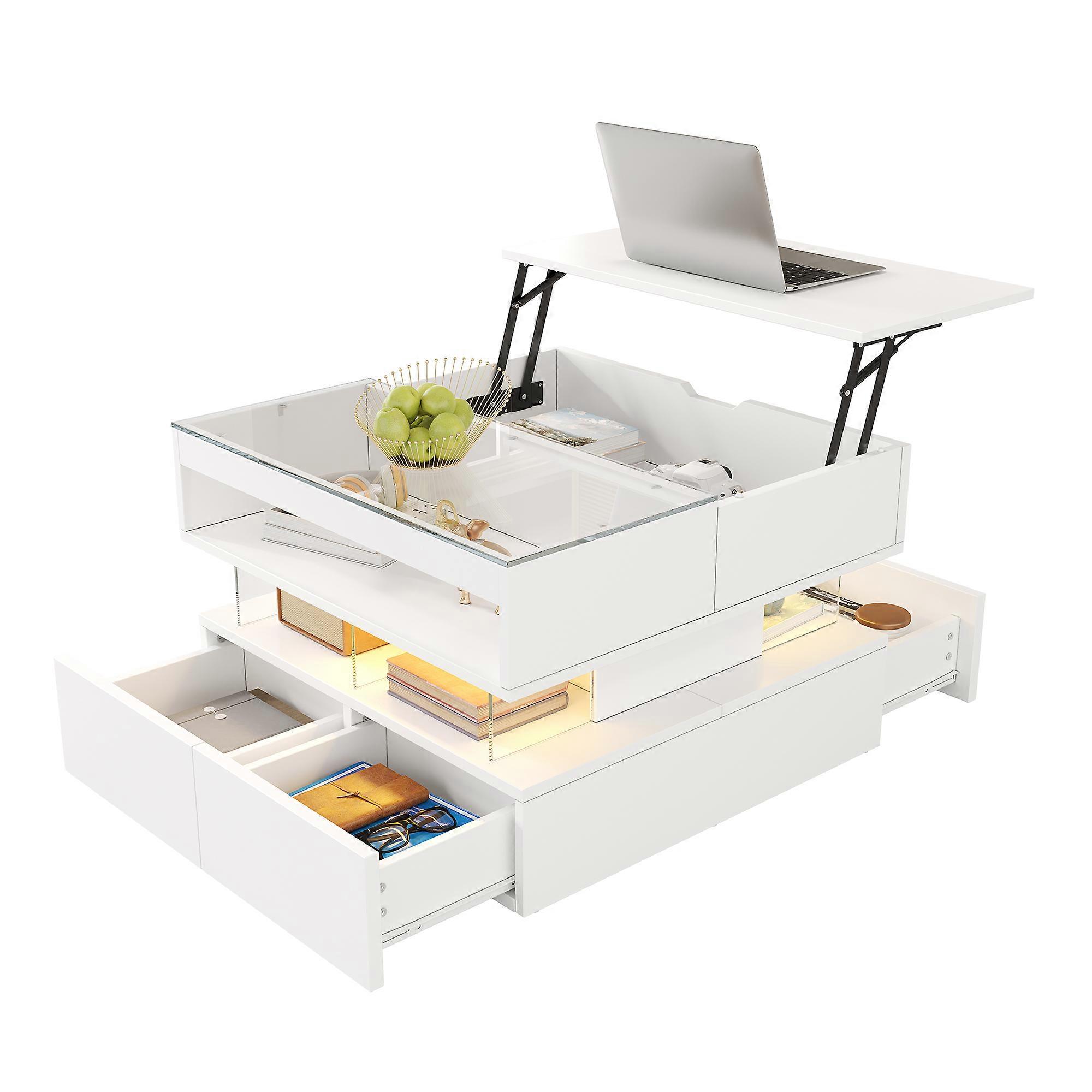 Adjustable Height Coffee Table 16 Color LED Glass Top Acrylic Legs