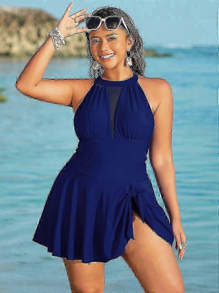 One-Piece Swimwear with Halter Neck Mesh Panels and Ruched Skirt in Black for Plus Sizes