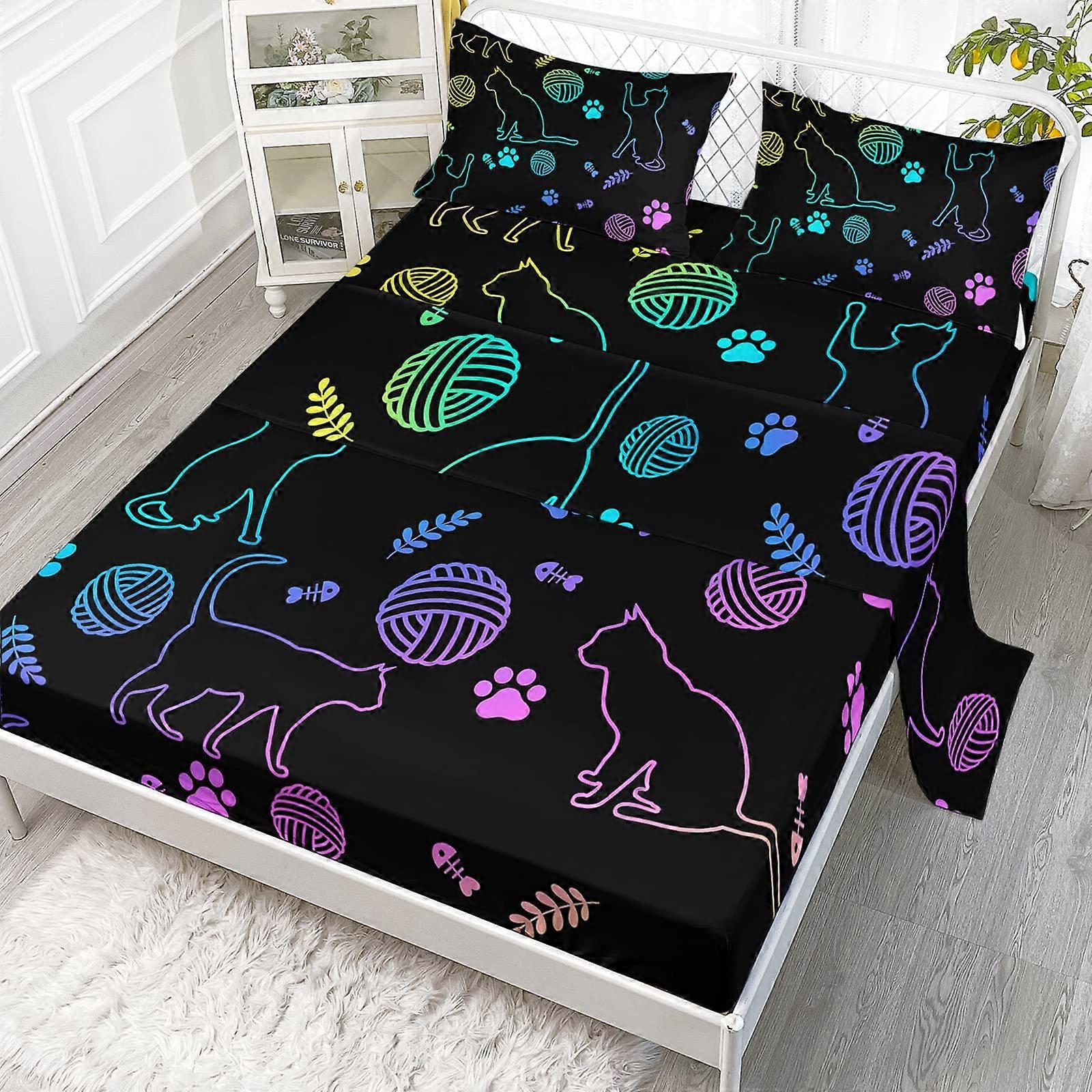 Bedding Set with Neon Cat Paw Yarn Print, Full Size Sheets for Kids Adults, 4 Piece