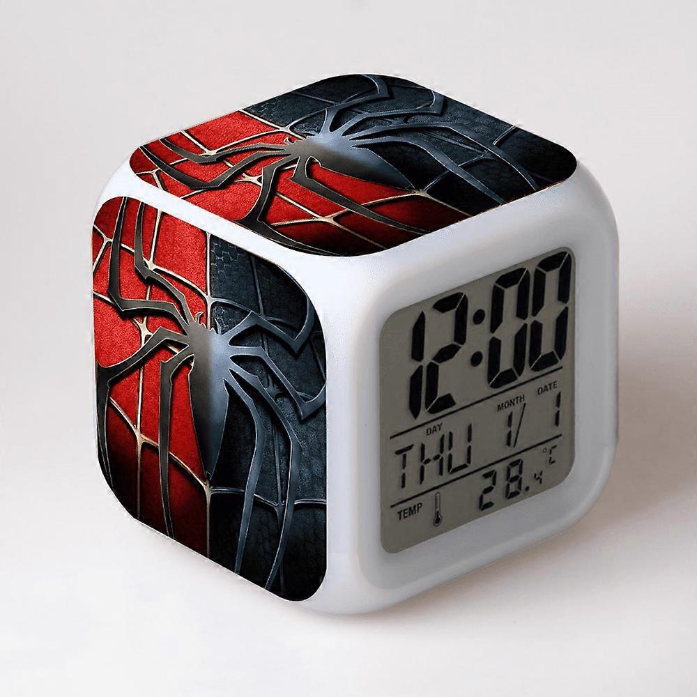 HANNTAOO Digital Alarm Clock for Kids, Cartoon Spider-Man Pattern 7 LED Color Changing Wake Up Clock with Thermometer & Night Light