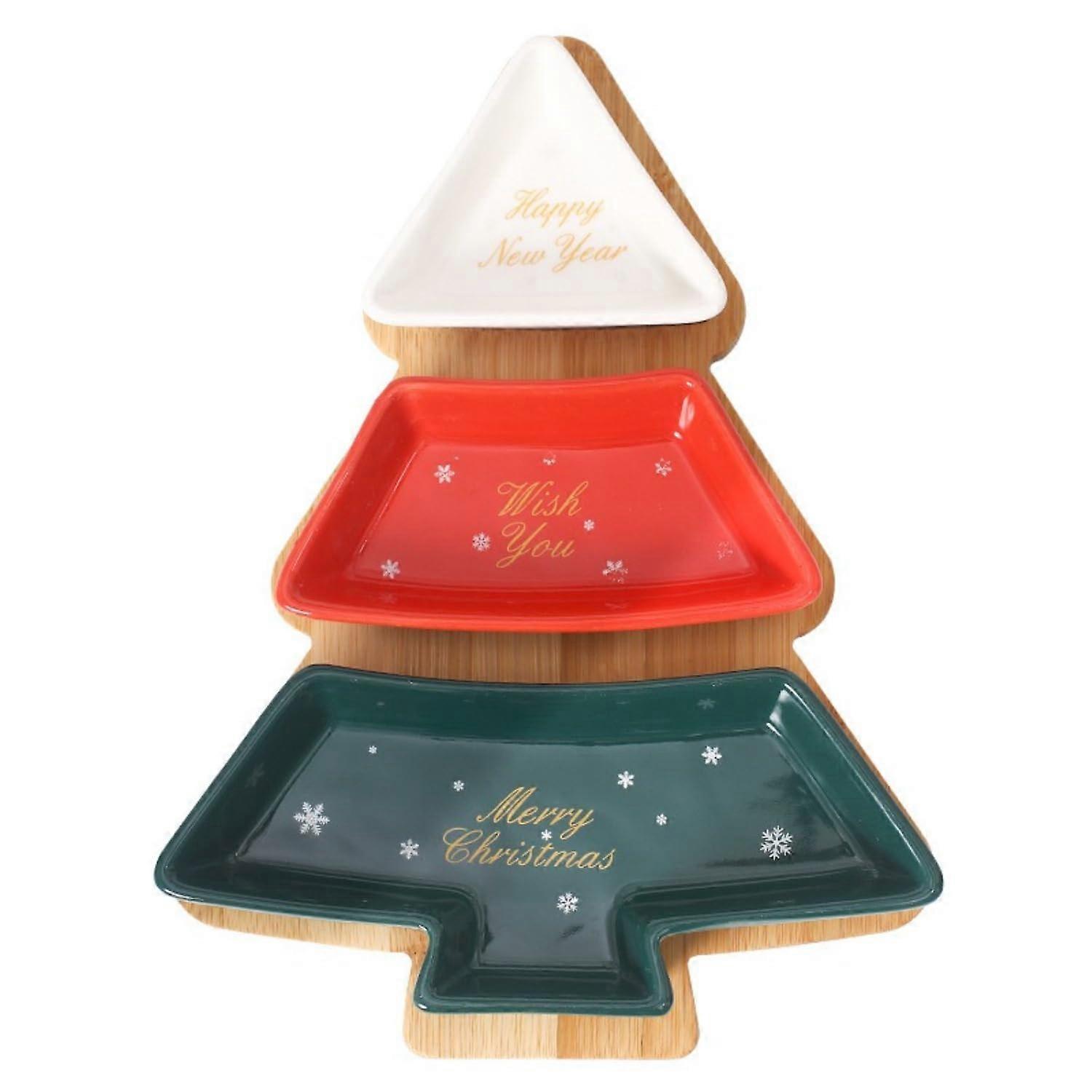 Christmas Tree Ceramic Serving Tray Set with 3 Compartments and Bamboo Base for Holiday Snacks