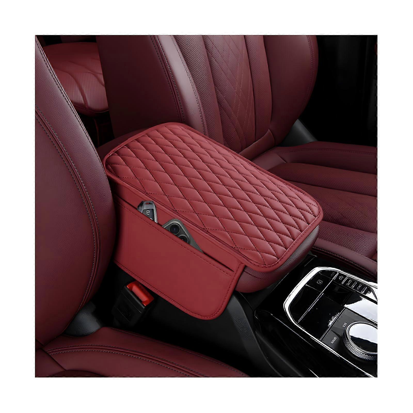 Car Center Console Cover Waterproof Leather Armrest Protector with Storage Pockets Universal Red