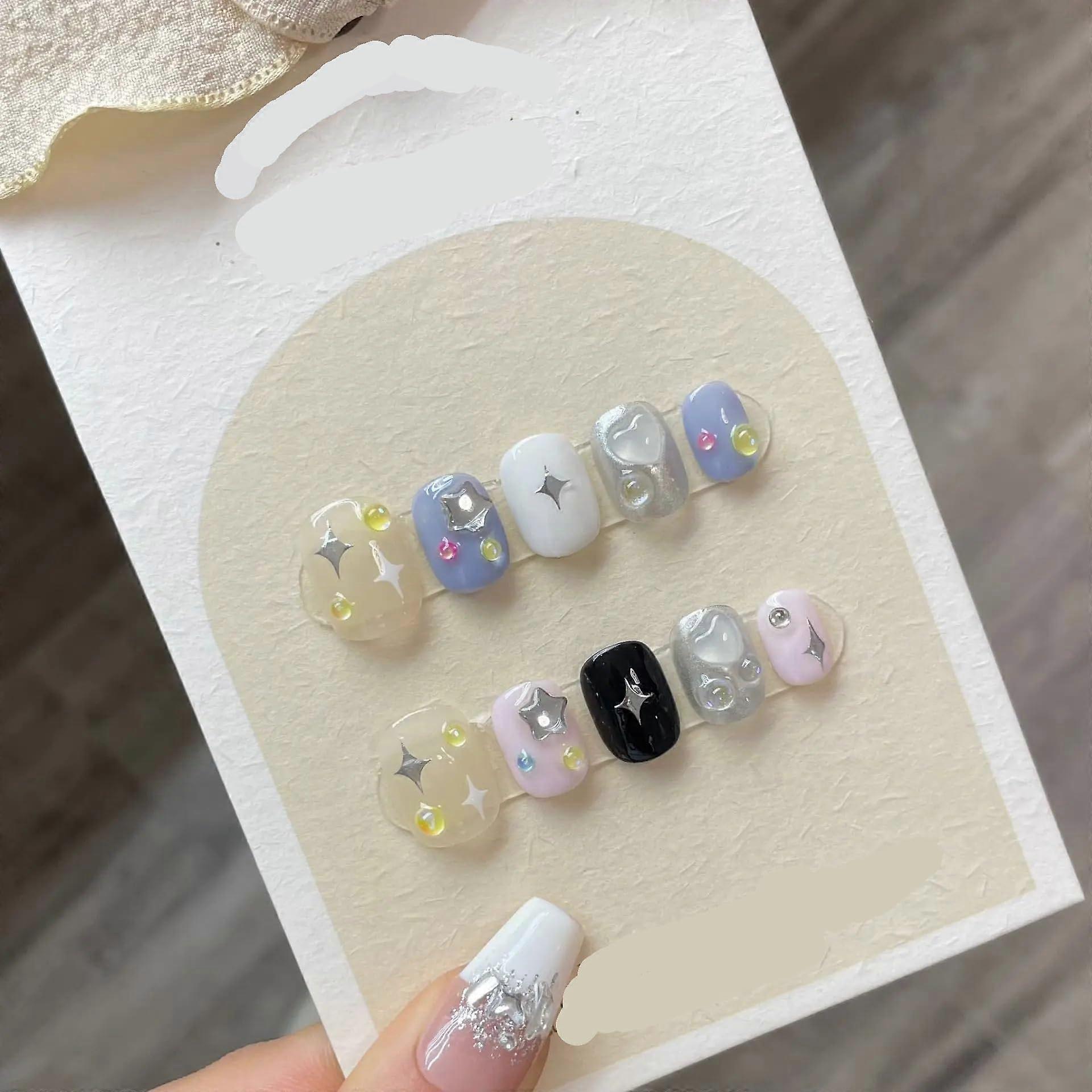 Reusable Brown Checkerboard Press On Nails with Cute Teddy Bear Accent, Long Handmade False Nails