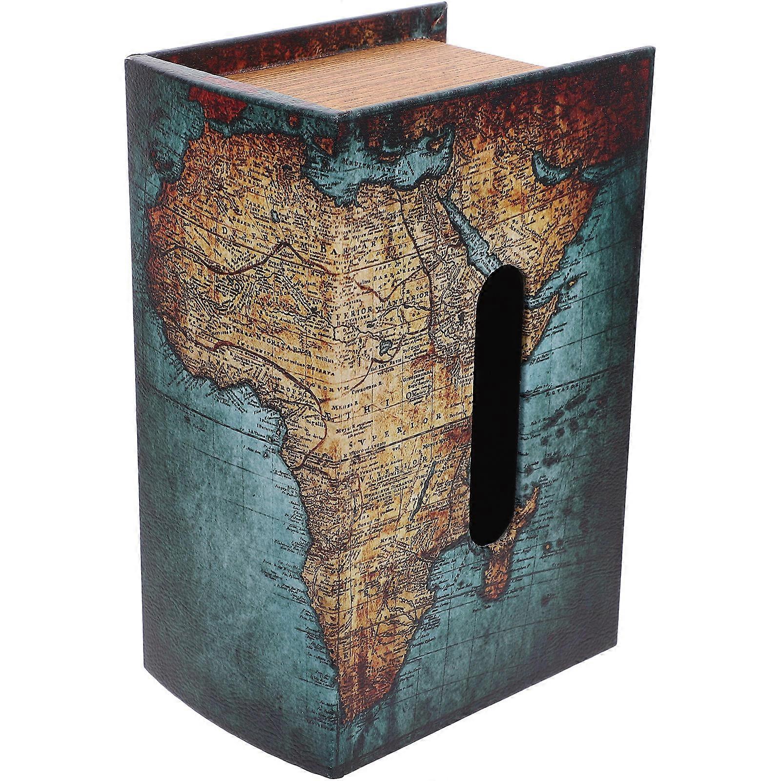 Wooden Tissue Box Holder Rectangular Vintage Map Design for Home
