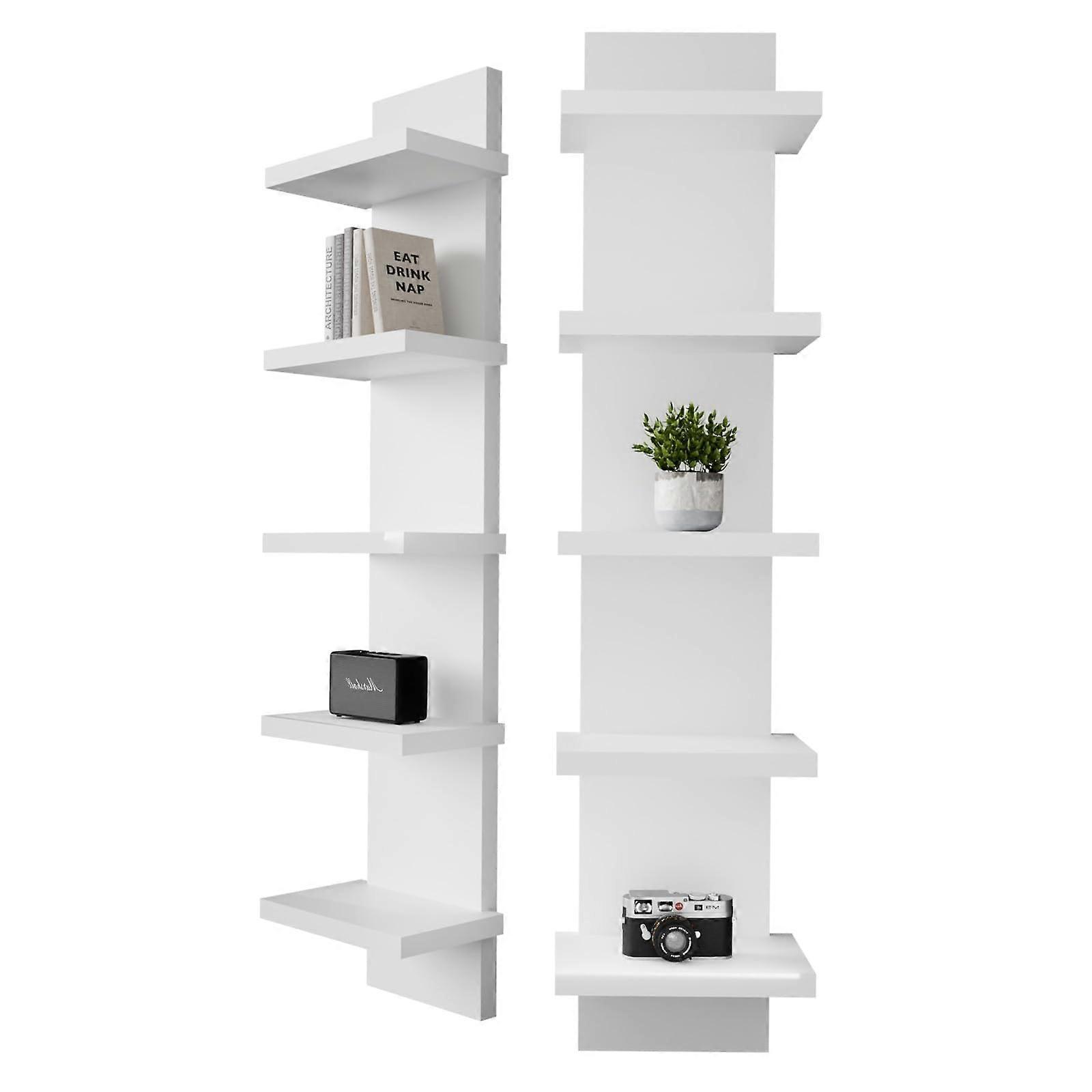 5 Tier Wall Mounted Floating Shelf, White Wooden Display Unit, SpaceSaving Vertical Storage