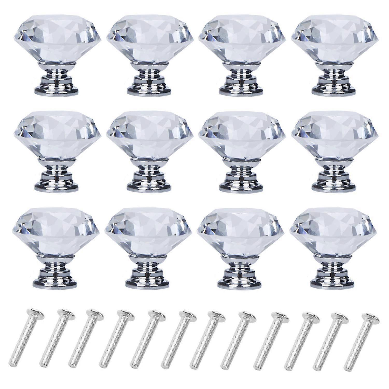 12 Pack Diamond Crystal Cabinet Knobs 30mm Silver Glass Drawer Pull Handles for Dresser