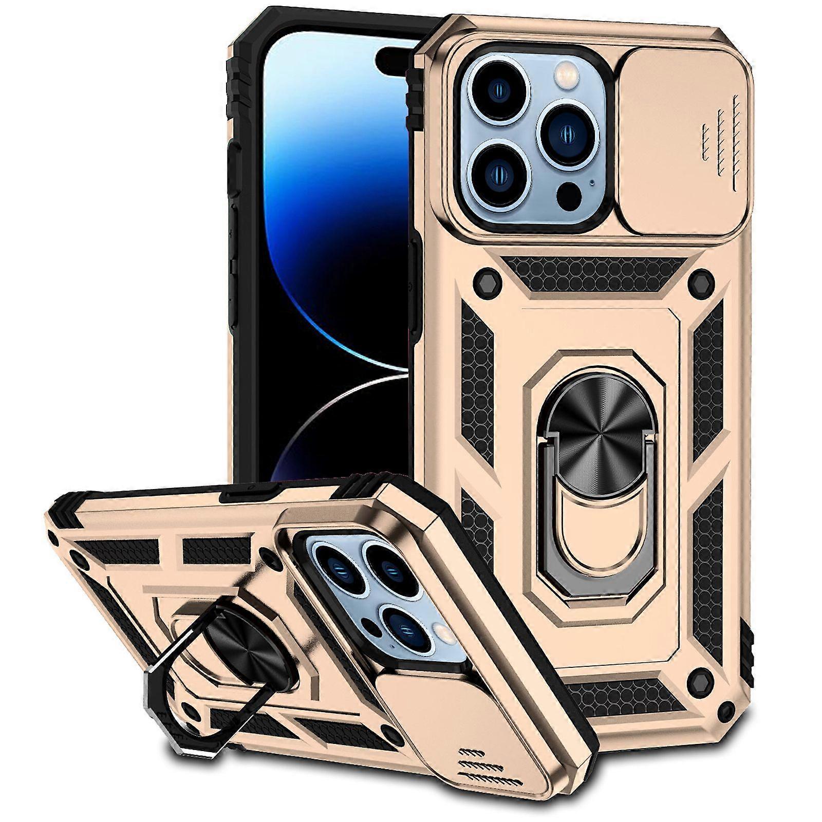 For iPhone 14 Pro Case PC + TPU Ring Kickstand Phone Cover with Slide Camera Shield