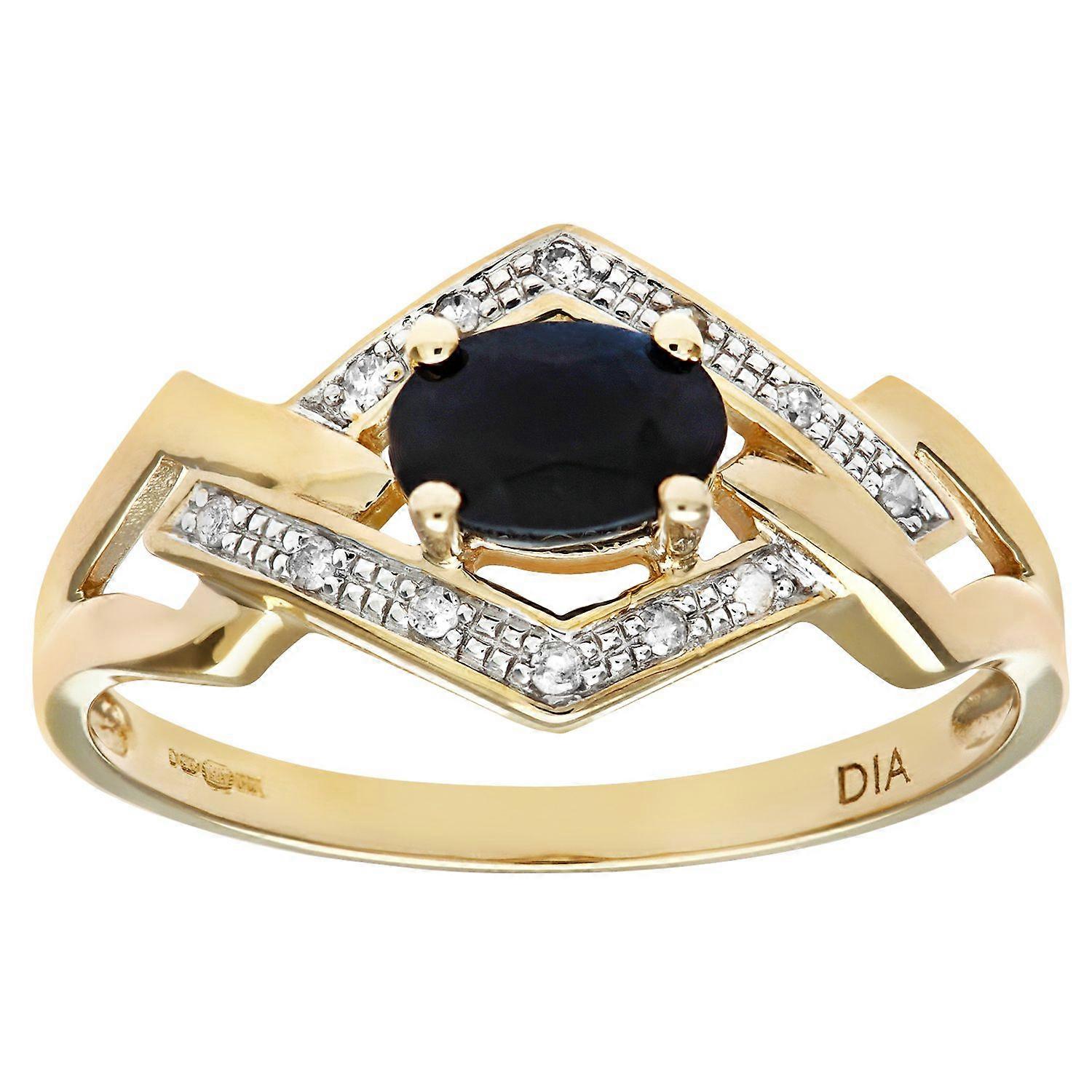 Jewelco London 9ct Gold Round 5pts Diamond Oval 0.65ct Sapphire Art Deco Rhombus Link Pave Solitaire Ring