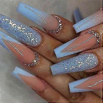 24pcs Long Coffin Press On Nails Blue French Fake Nails Set Full Cover 12 Sizes for Women Girls