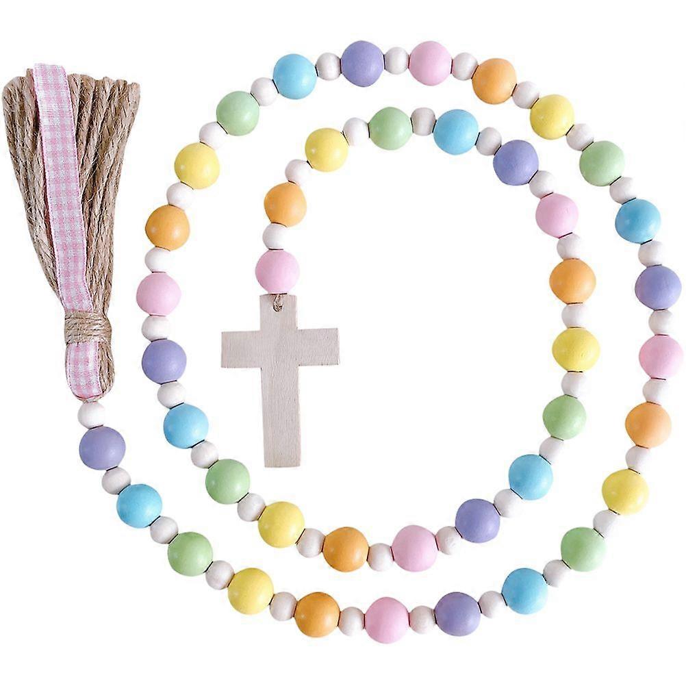 Easter Wooden Bead String Hanging Tassel Bead String Party Cross Pendant Beads String