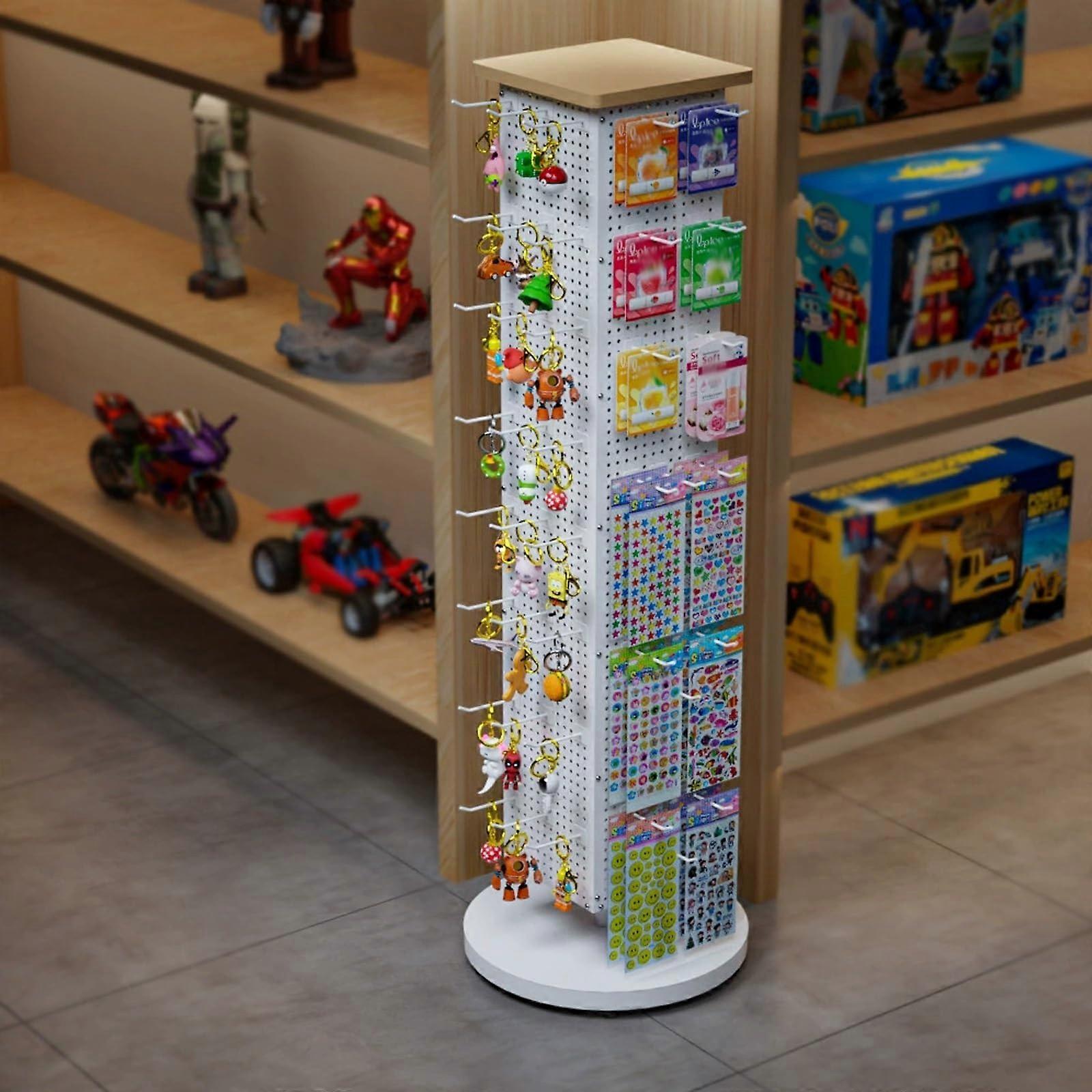 4Sided Rotating Display Rack, Metal Pegboard Floor Stand with Adjustable Hooks, Stable Foot Pad Base White