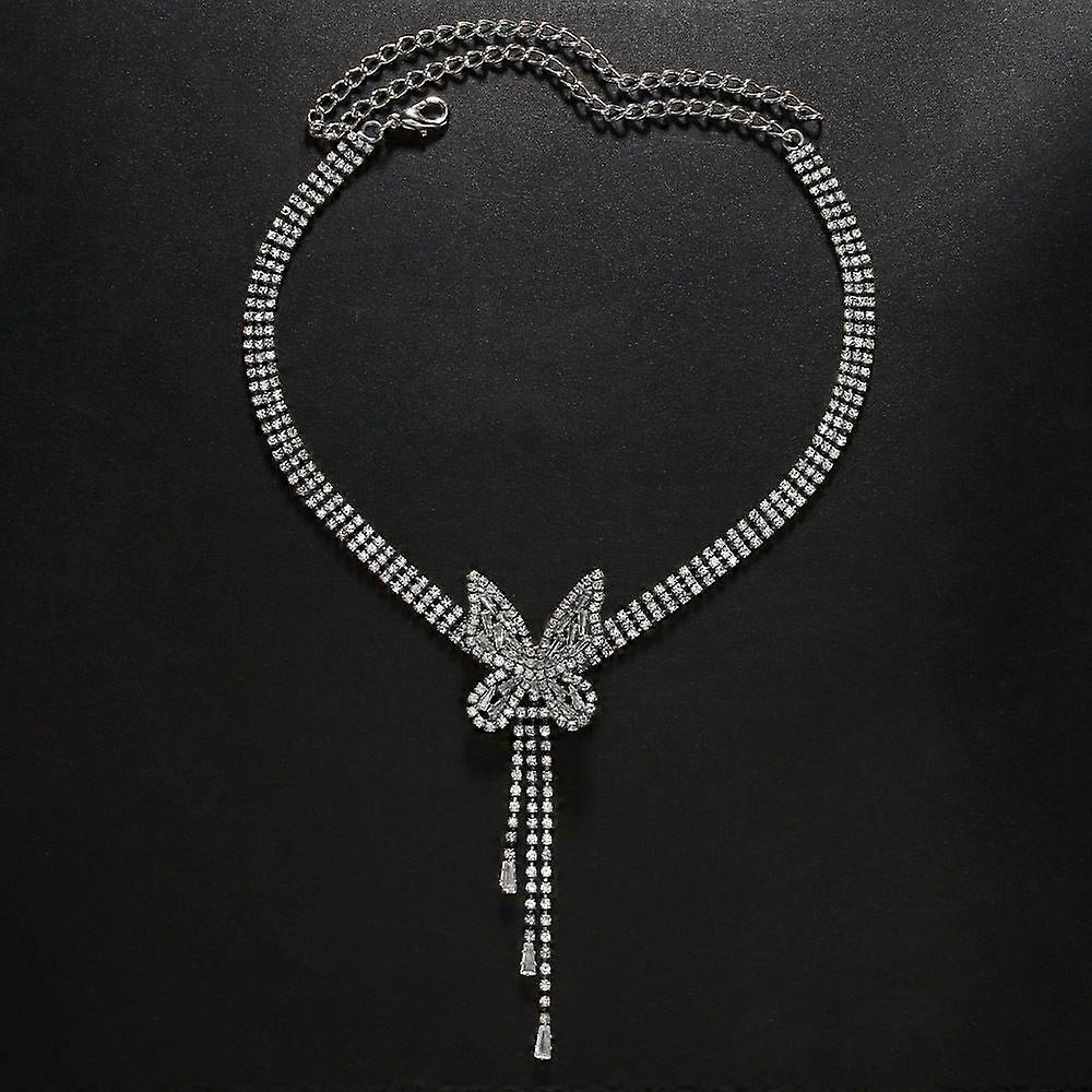 Colar de borla de borboleta, simples e moderno, com strass, combinando, com várias fileiras, prateado
