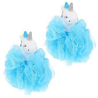 Shower Mesh Ball Unicorn Bath Pouf for Kids 2Pcs Blue Exfoliating Sponge