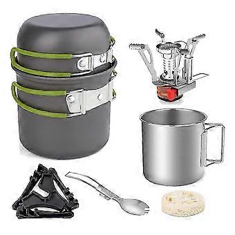 Juego de olla y sartén para acampar con mini hornillo portátil, equipo de cocina compatible con fogatas y senderismo al aire libre (verde).