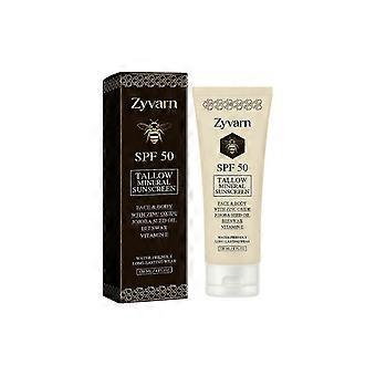 Protetor solar mineral à base de sebo FPS 50, fórmula natural, proteção solar completa para rosto e corpo, ideal para uso diário ao ar livre no verão.