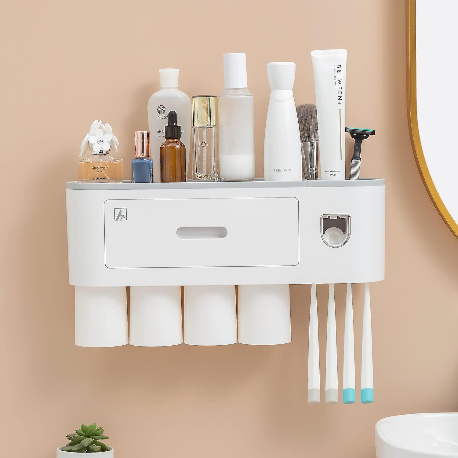 Toothbrush Holder with Toothpaste Dispenser-Multifunctional Wall Mounted Space-Saving Automatic Toothpaste Dispenser Squeezer Kit, 4 Toothbrush Slots,