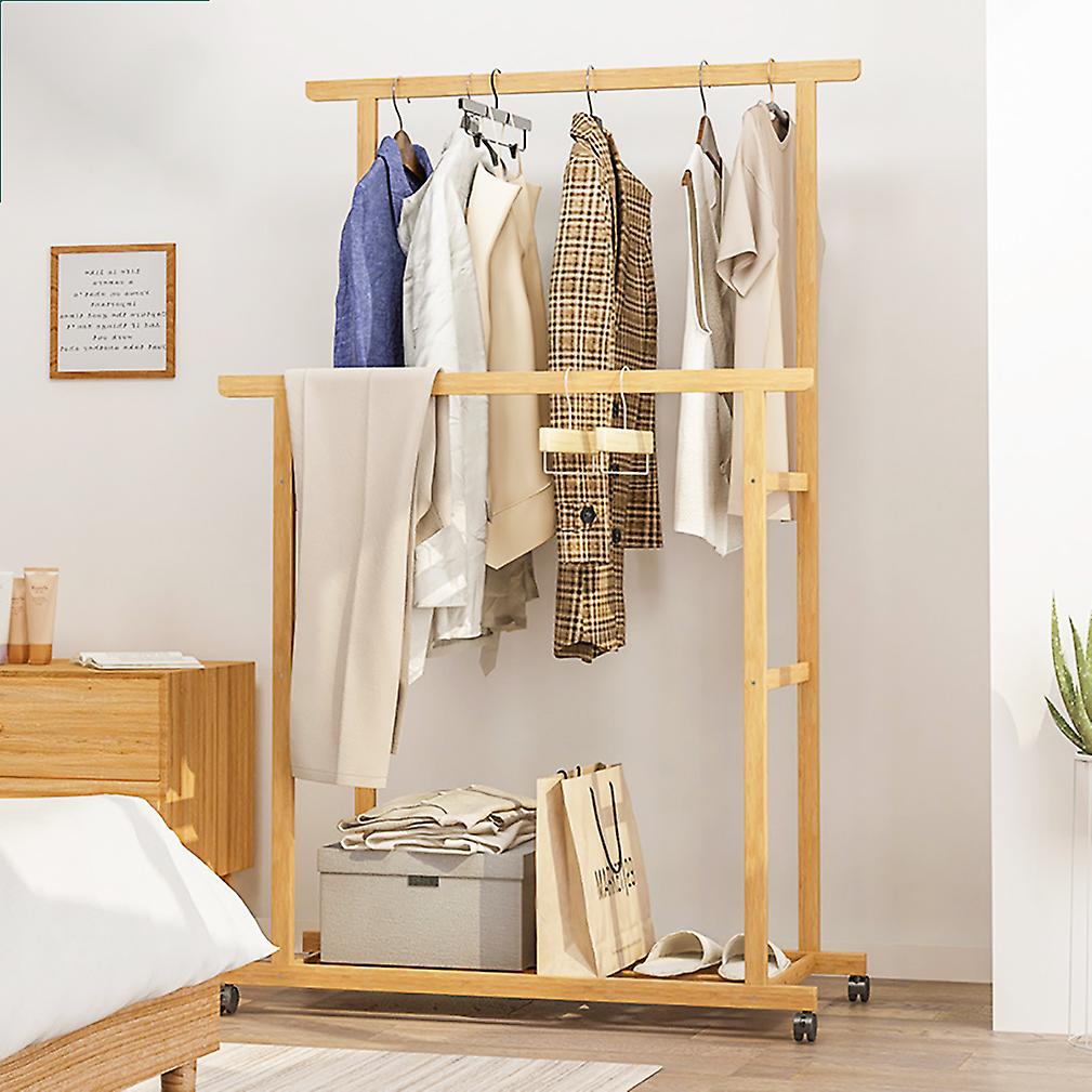 Double-rail Bamboo Clothes Rack Garment Coat Rack