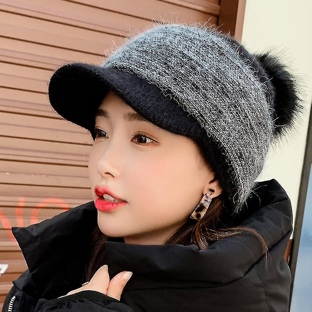 Women Winter Thick Warm Fuzzy Knit Beanie Cap With Visor Pompom Baseball Cap