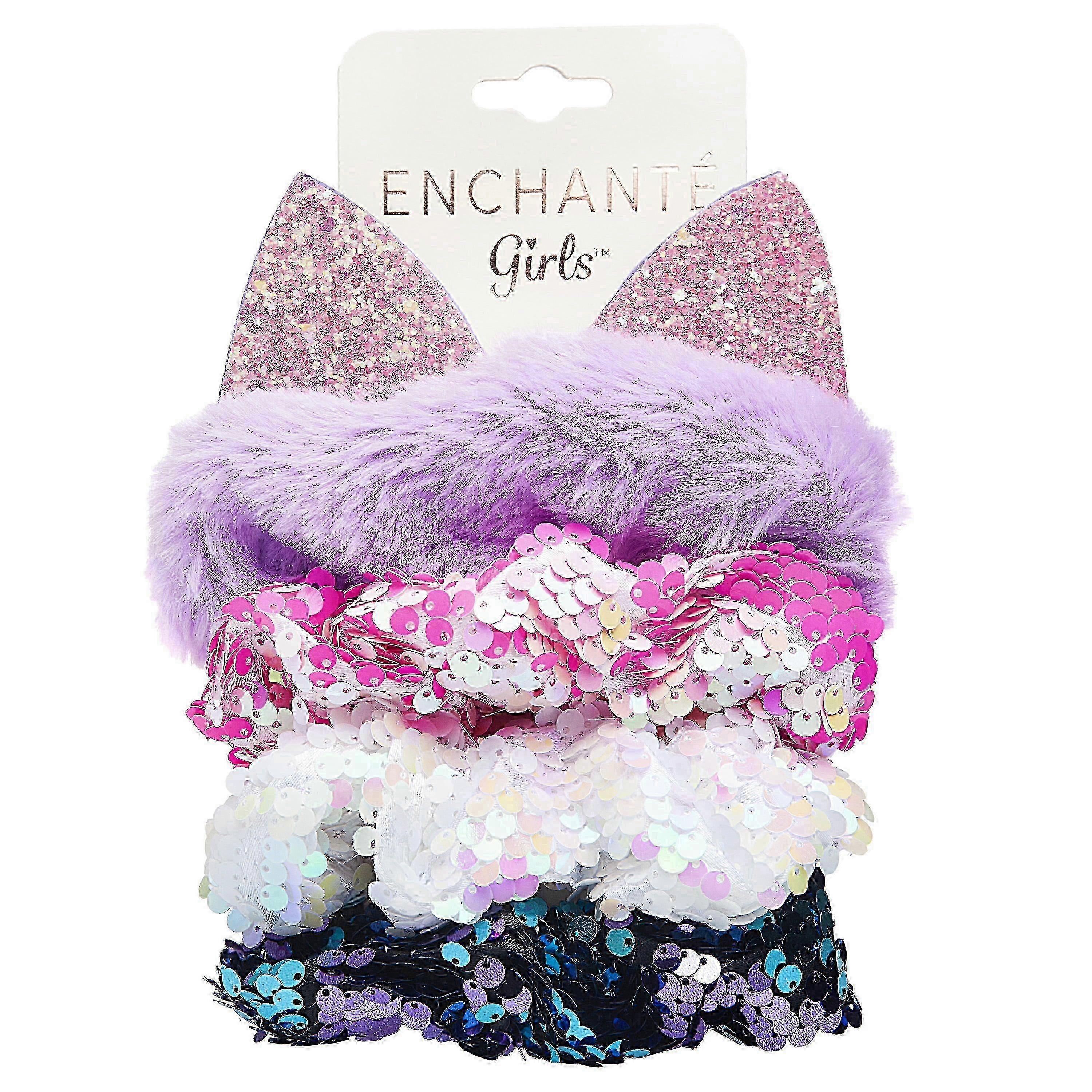 Enchante Sequin And Faux Fur Cat Ear Scrunchie Set, 4 Ea
