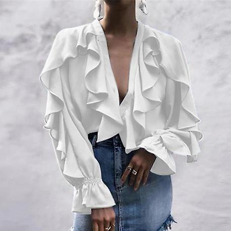 Ruffled Sexy V Neck Long Sleeve Casual Blouse