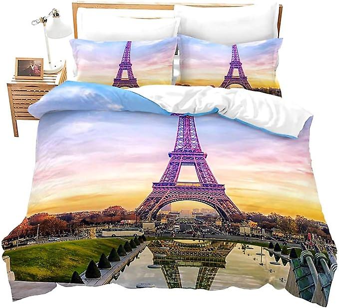 Bedding Set Modern Style Microfibre Duvet Cover Set For Boys Girls Modern City Building Eiffel Tower Pattern Bed Set