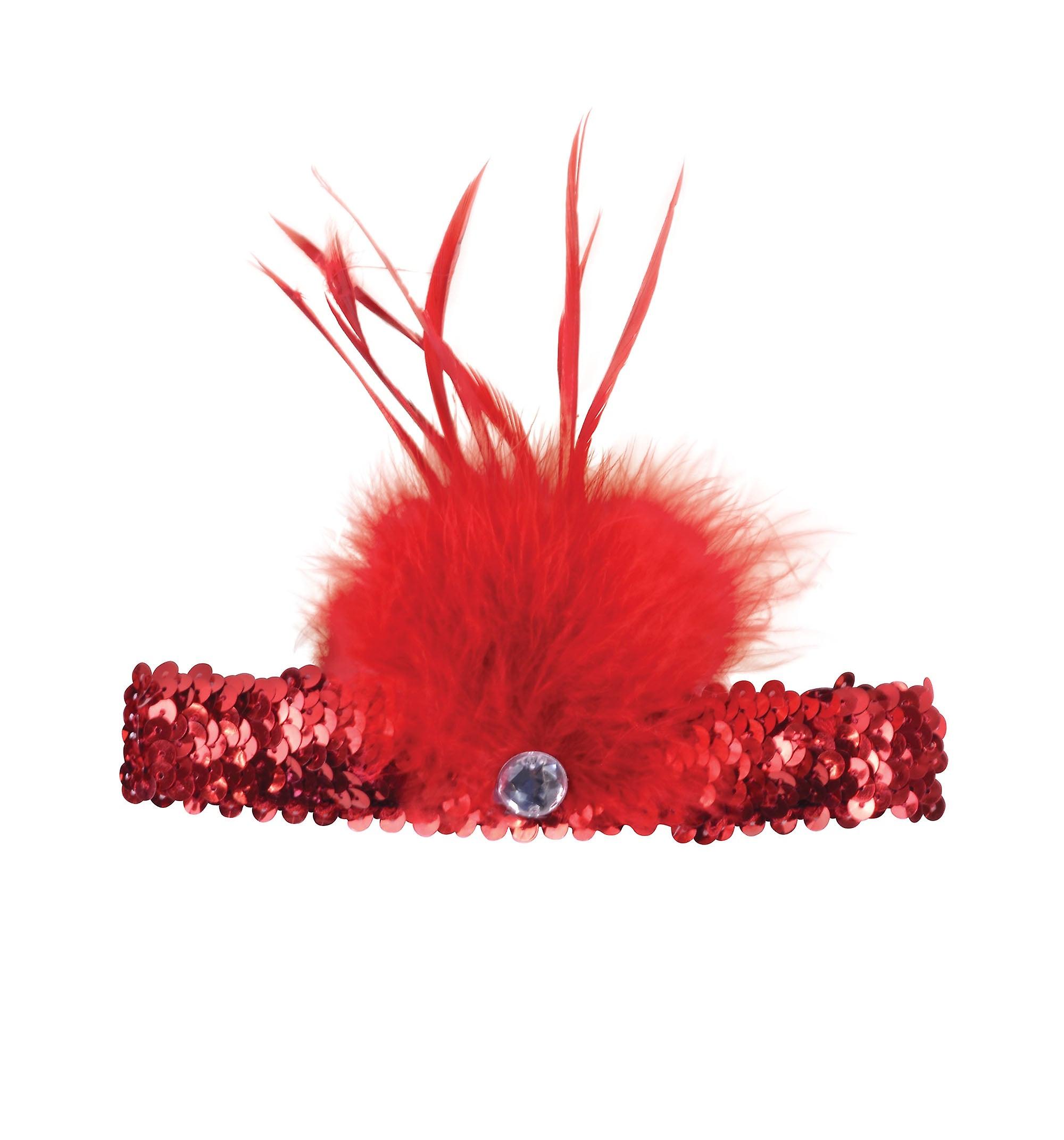 Red Flapper Headband Sequin With Feather Ba1032