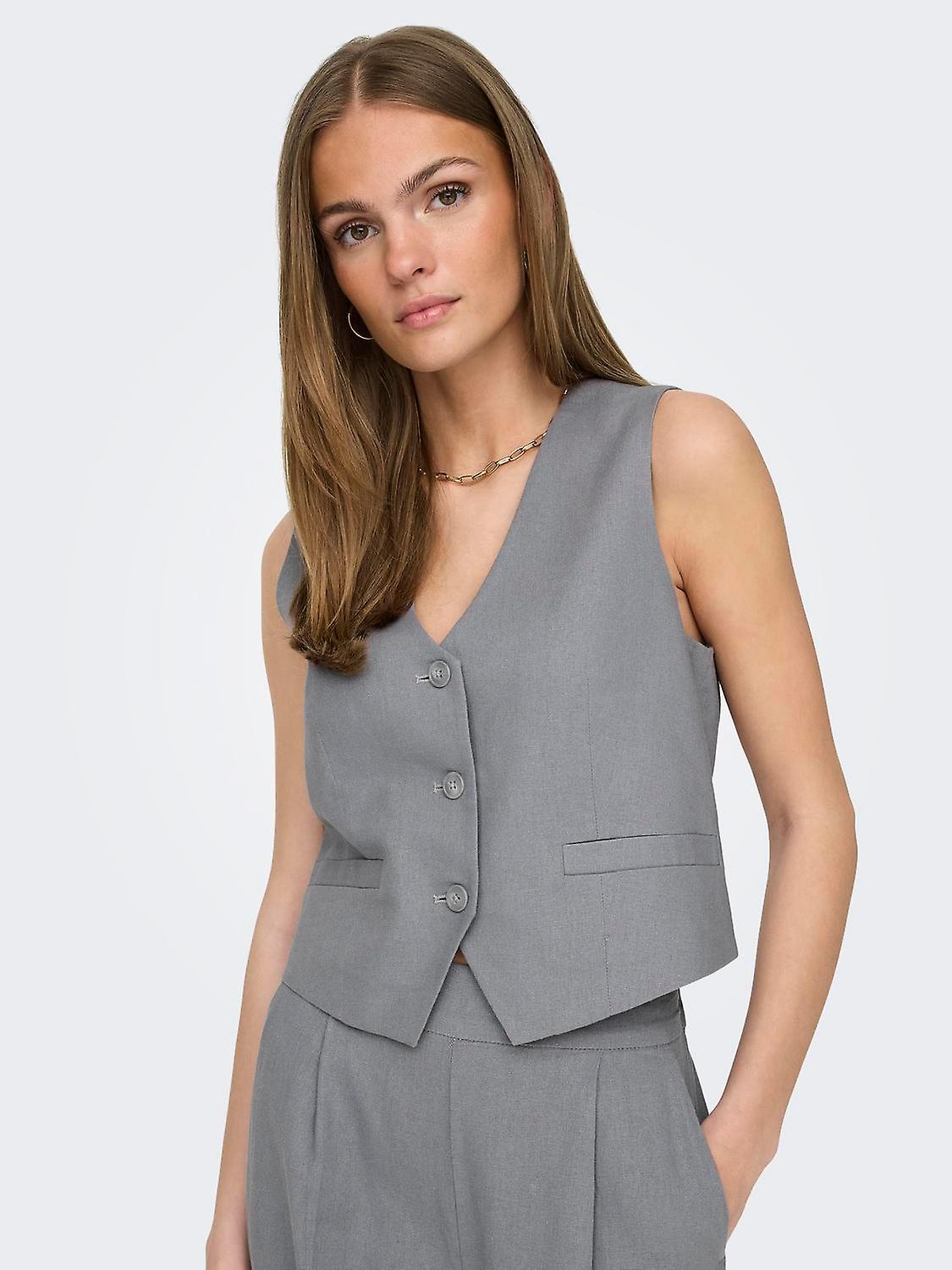 JDY Women's Vest with Button Placket and Pocket Sleeveless Vest