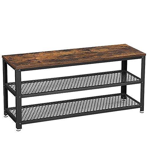 Rustic brown shoe bench with black metal frame, 2 shelves