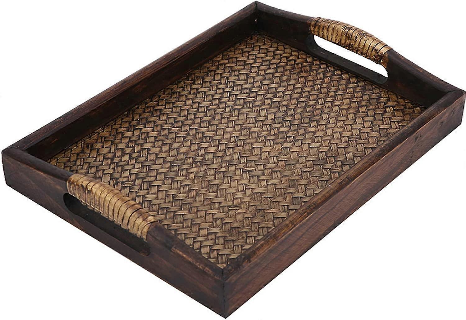 Serving Tray, Wooden Breakfast Tray, Decorative Coffee Table,Rectangular Wooden Tray with Handle