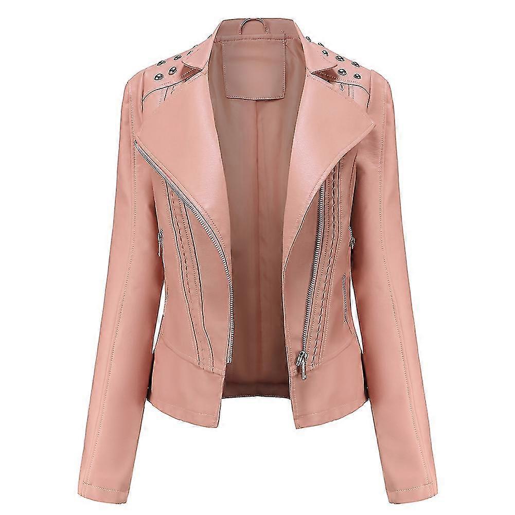 Womens Slim Fit Solid Color Studded Shoulder Zip Short Leather Jacket