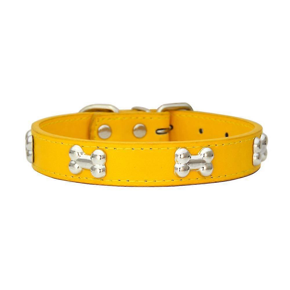 Real Leather Bone Studded Dog Collar Comfortable Adjustable Size Collars For Small Medium Dog (m, Yellow)