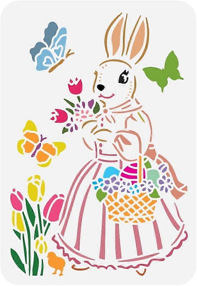 Easter Bunny Painting Stencil 8.3x11.7inch Reusable Rabbit Miss Easter Eggs Tulip Butterfly Chicks Drawing Template