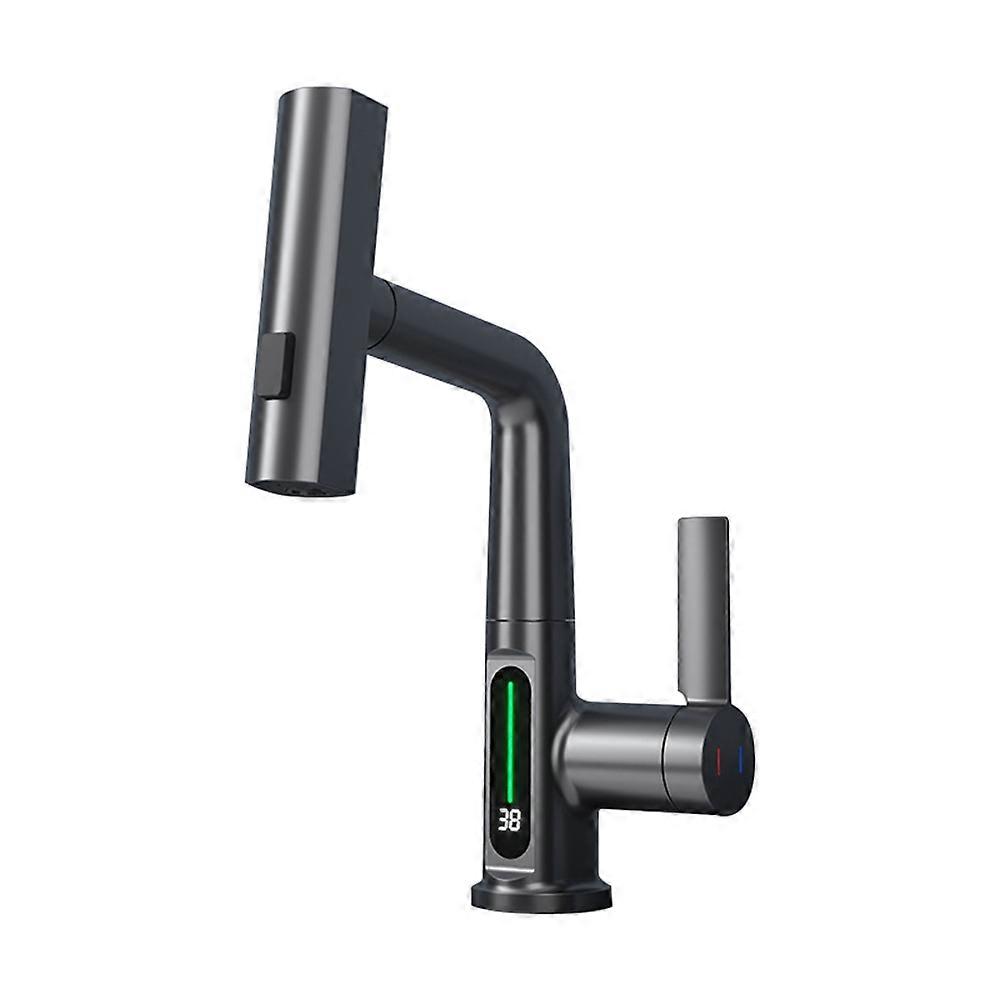 Waterfall Pull Out Kitchen Faucet Intelligent Digital Display Cold Hot Mixer Taps Rotatable Sink Lifting Basin Faucet-D