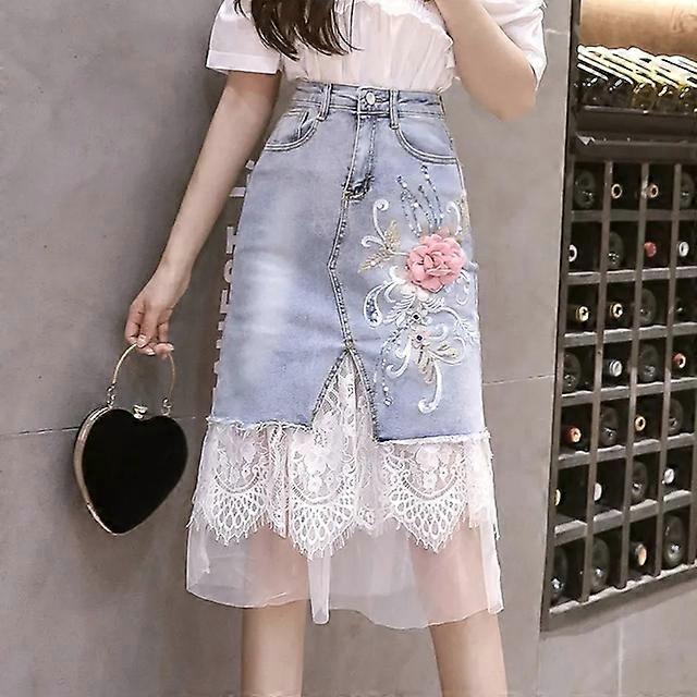 JWL- Tulle Jean Skirts for Women 3D Floral Embroidery Lace Patchworrk Light  Blue Harajuku Jeans Skirt Denim Faldas Jupe