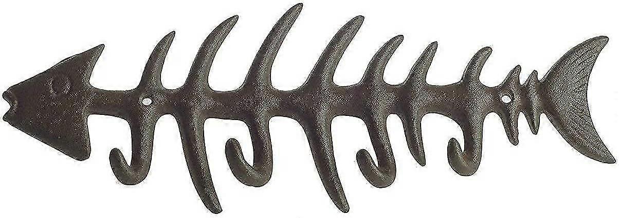 Stylish Cast Iron Coat Rack Fishbone Decorative Wall Mounted Towel Rack With 4 'fish' Hooks - Includes Screws And Anchors - Brown