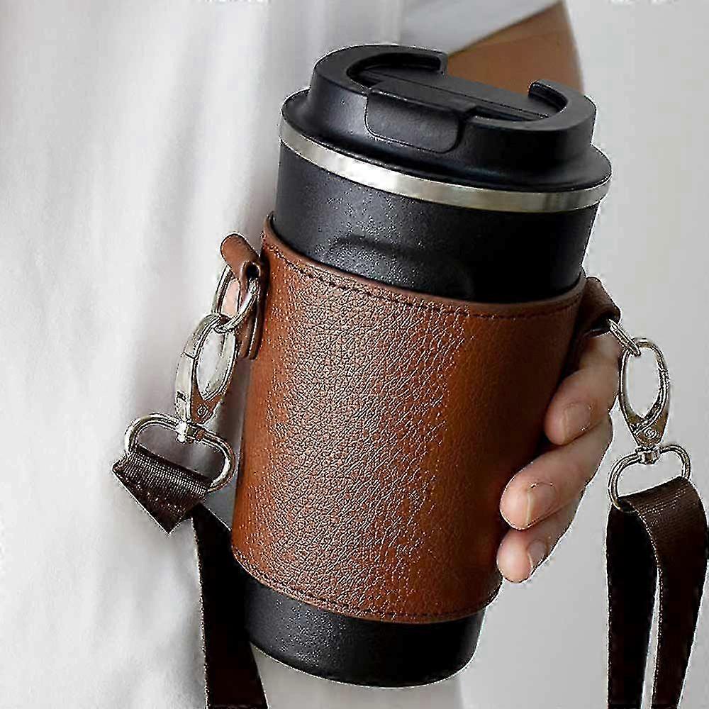 Portabicchieri portatile in pelle PU, portabicchieri in pelle PU con spallacci, portabicchieri in pelle riutilizzabile