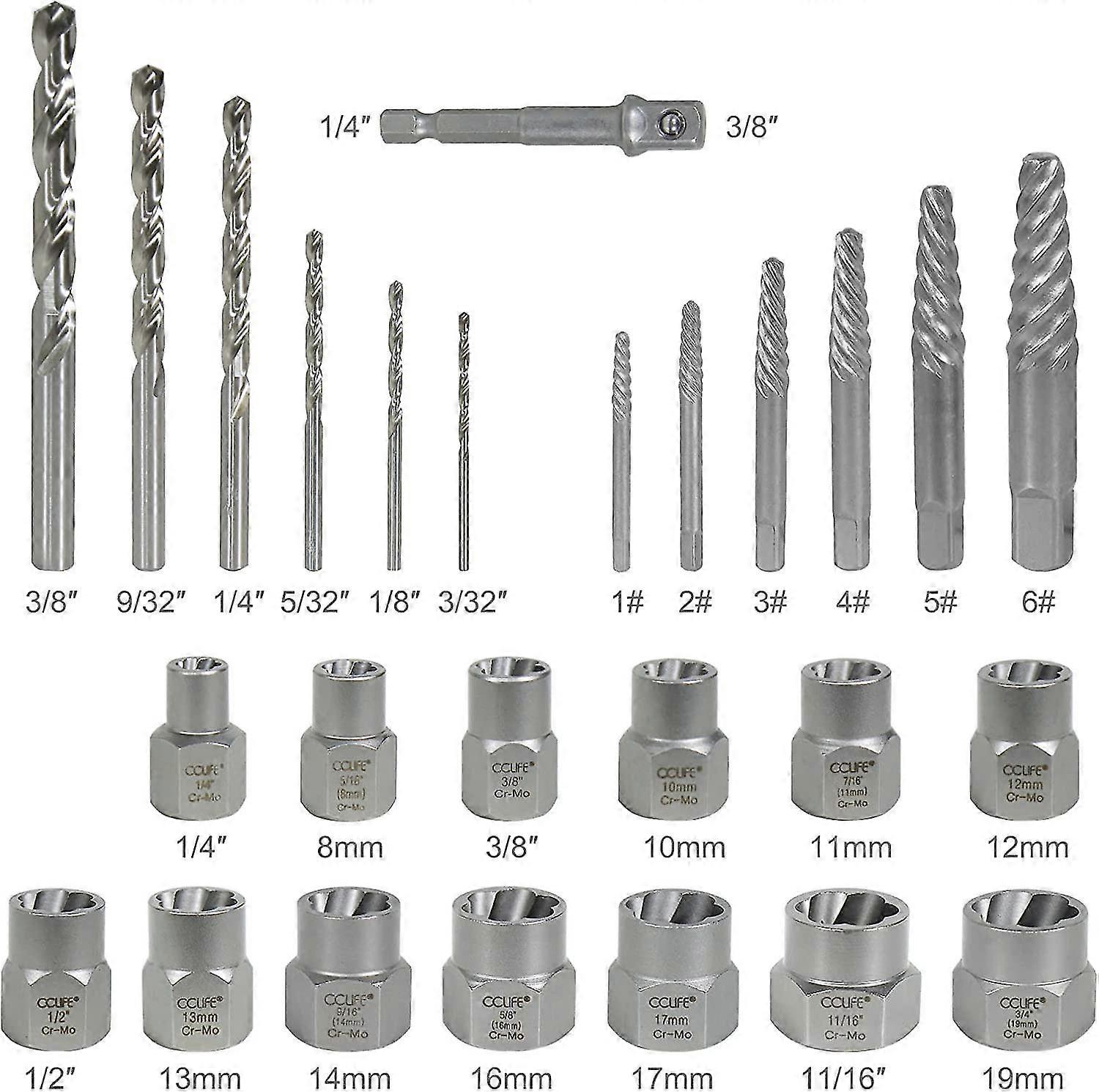 26pcs Socket Anti-theft Bolt Extractors Damaged Nut Extractor Cr-mo Material 8-19mm