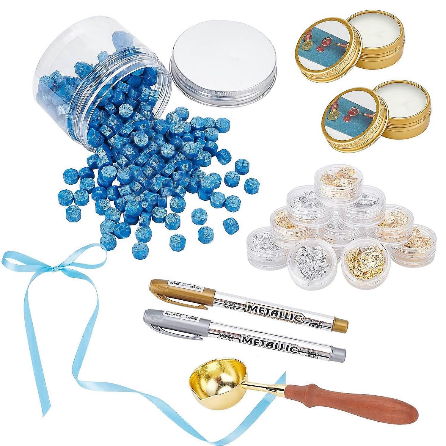 Wax Seal Kit 300PCS Blue Wax Seal Beads with 12 Boxes Art Tinfoil Candles Wax Melting Spoon Marking Pens and Polyester Ribbon for Sealing Wedding Invi