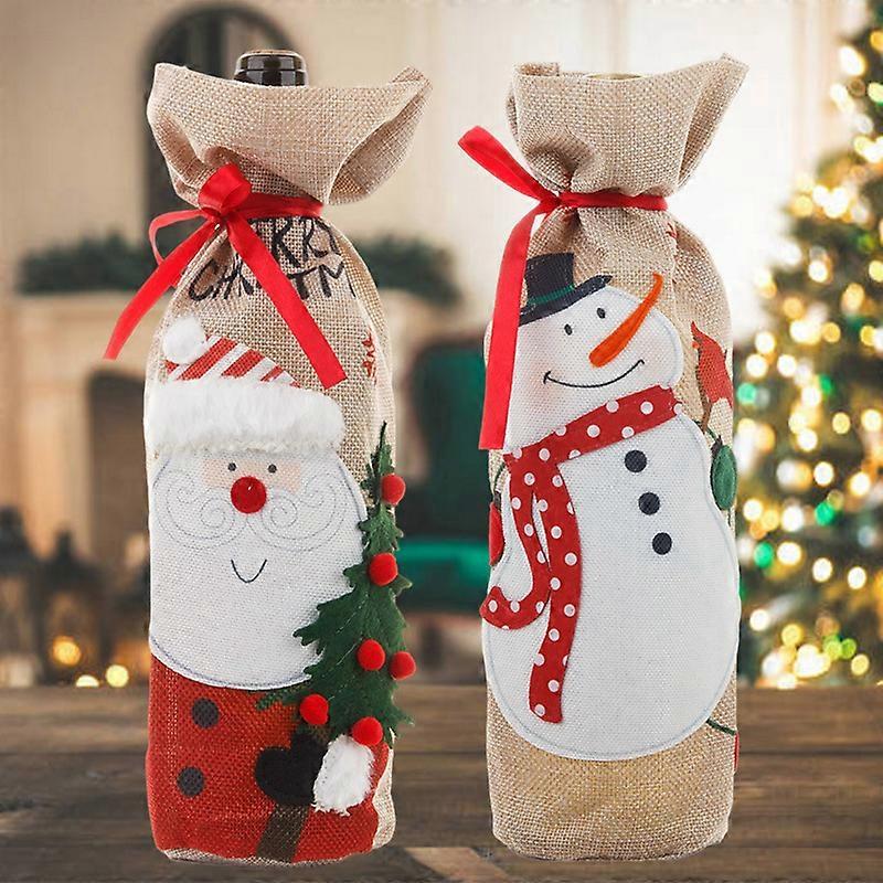 2pcs Christmas Decorative Linen Embroidery Red Wine Bottle Set Wine Bottle Decorative Wine Bottle Bag Red Wine Bag Christmas Wine Bottle Set