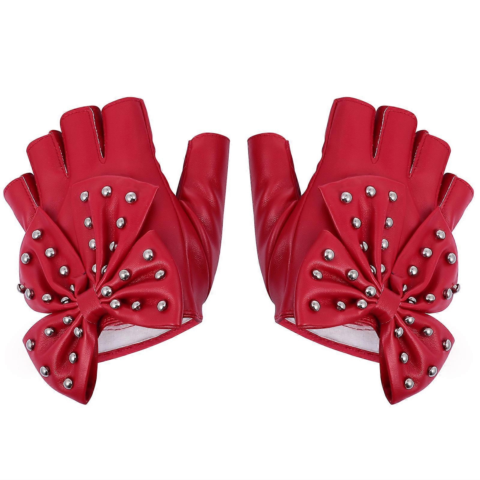 1 Pair of Lady Rivet Bow-knot Half-finger Glove for Christmas Performance