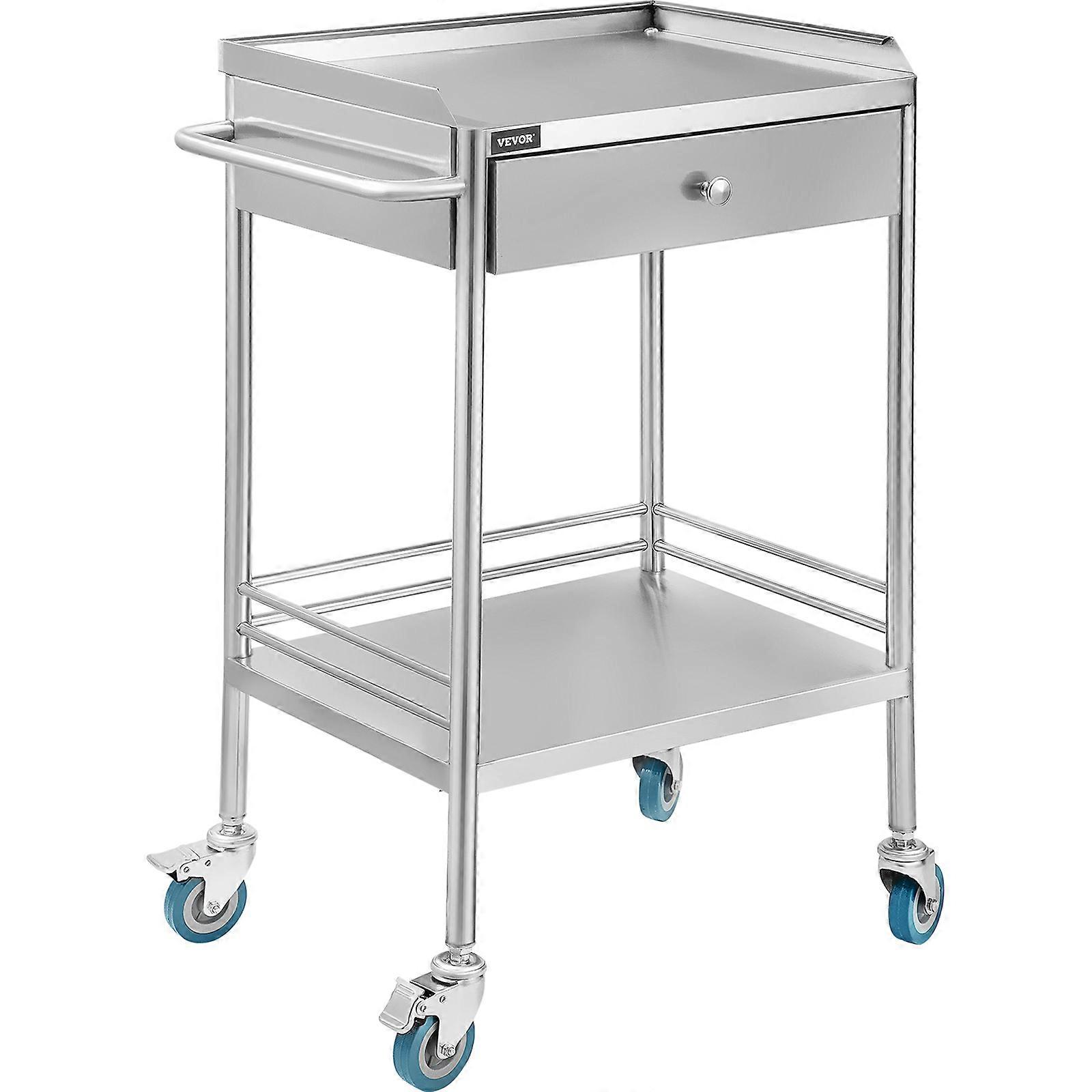 2-Layer Lab Medical Cart w/ Upper Drawer Stainless Steel Rolling Trolley Cart