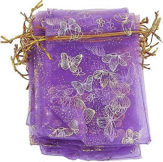 Approx 100 Drawstring Organza Pouches for Wedding Favors, 9 x 12cm (Butterfly Print), Purple