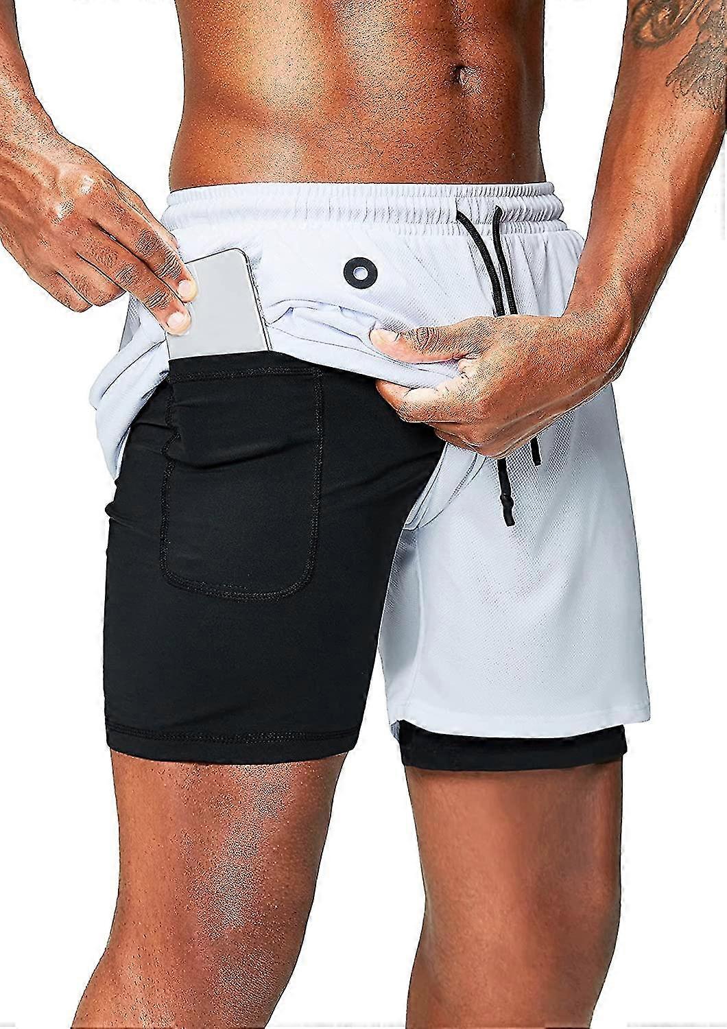 Shorts de corrida 2 em 1 com bolso para celular, academia, treino, secagem rápida, masculino, 5 polegadas