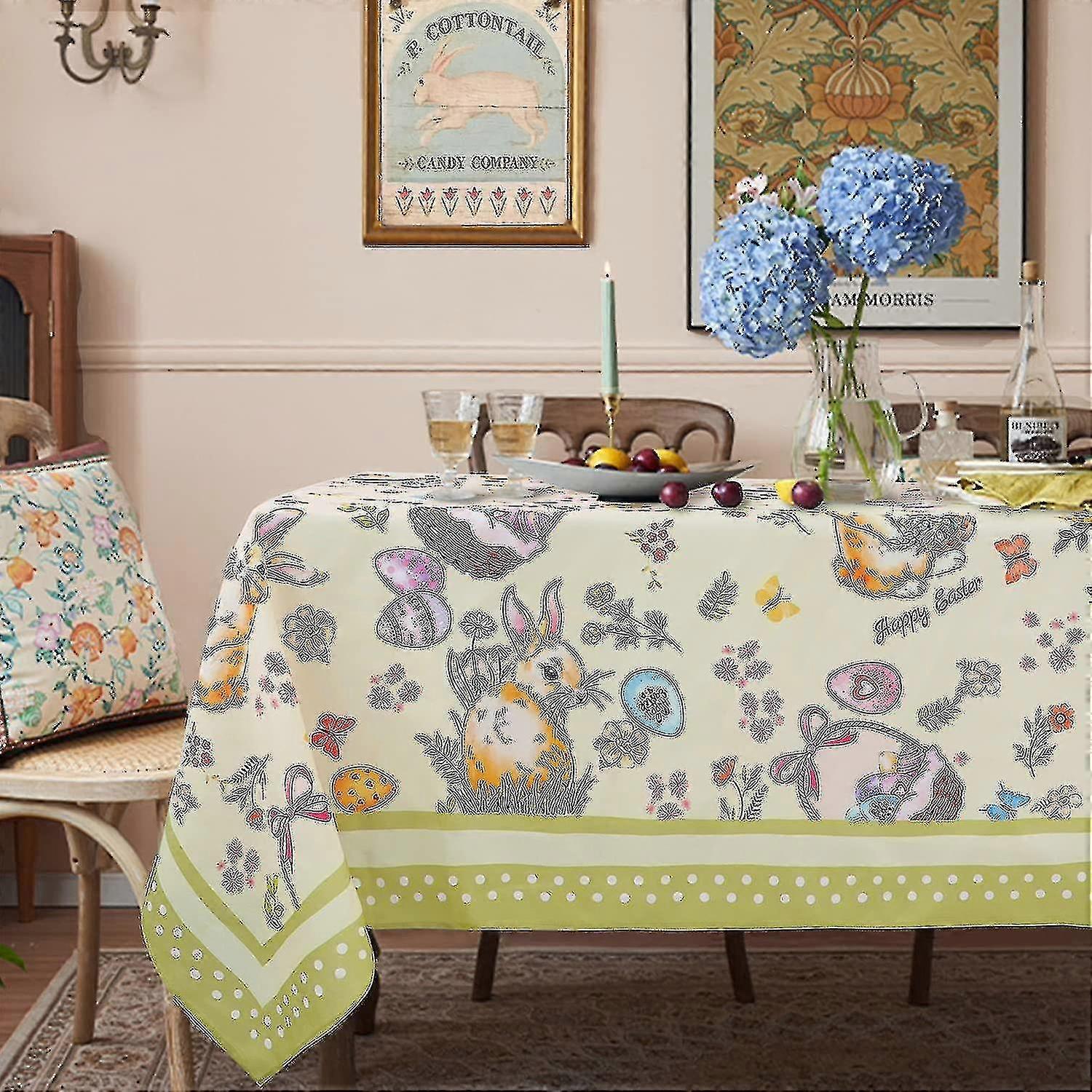 Nappe de Pâques Rectangle Printemps Floral Décoratif Pâques Nappe Mignon Lapin de Pâques Avec Oeuf Coloré, Kaki / Jaune / Naples Jaune