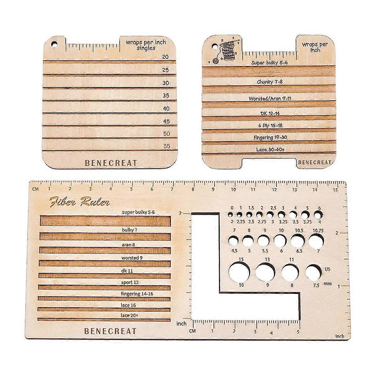 3 Style Wood Knitting Needle Gauge And Ruler, Spinning Control Card Knitting Tool For Spinners Yarn
