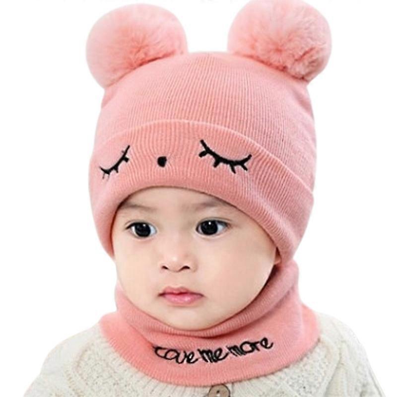1 Set Baby Mössa Hatt Halsduk Enfärgad Stickade Pojkar Flickor Vindtät Fluffig Pompom Barn Keps Set För Utomhus