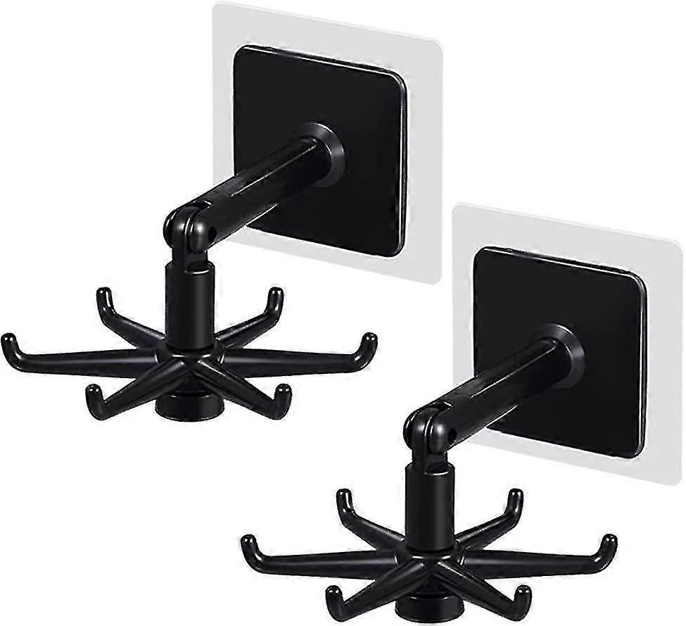 2 Pack Adhesive Hooks 360 Degree Rotating Folding Hook 6-claw,vertical Flip Hookblack (d-b2)